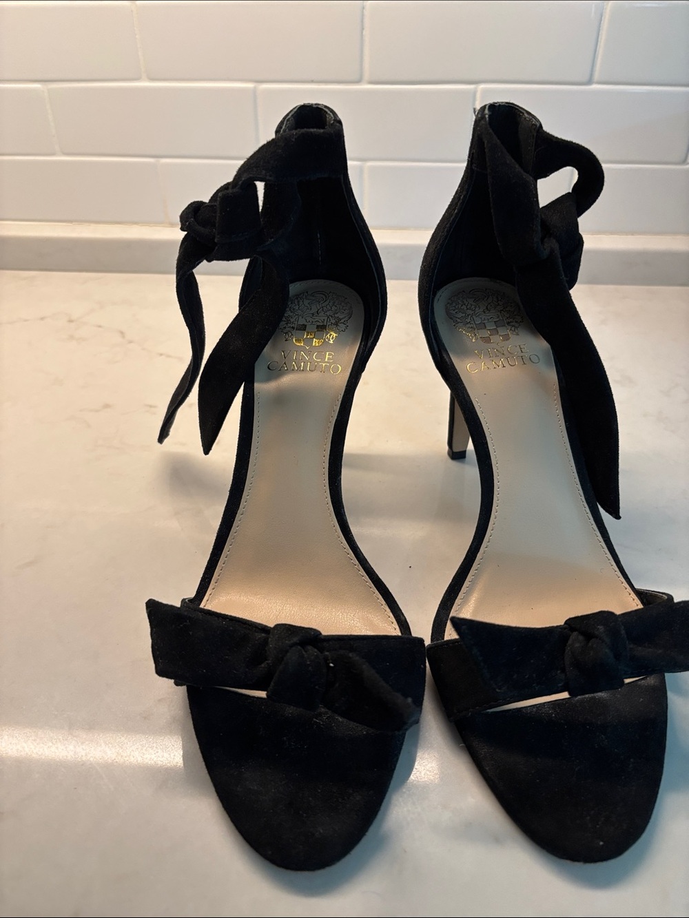 Vince Camuto Black Suede Knotted Ankle-Tie Stiletto Sandals
